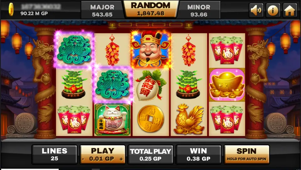 Supreme Caishen on Joker123: two jade carp symbols lit up on reels 1 and 2, the God of Wealth in a glowing frame on reel 3, firecrackers, lucky bamboo, a white radish, a lucky cat, a gold coin, a golden rooster, red packets and a gold ingot, framed by red dragon pillars, WIN 0.38 GP