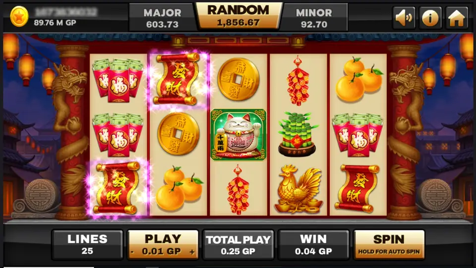 Two red 發財 scrolls lit on reels 1 and 2, a lucky cat, mandarin oranges, firecrackers and a golden rooster on the other reels, WIN 0.04 GP