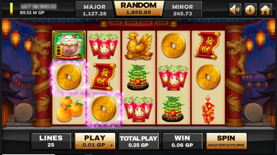 Two gold coins with square holes lit up on reels 1 and 2, a lucky cat, a red 發財 scroll, a golden rooster, red packets and lucky bamboo around them, WIN 0.06 GP