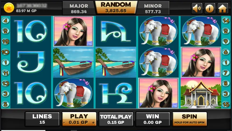 Thai Paradise on Joker123: a woman with a pink flower in her hair, white elephants with red saddles, longtail boats on a turquoise beach, a gold-roofed temple and Thai-style 10, J, A and K letters on teal reels, LINES 15 and PLAY 0.01 GP