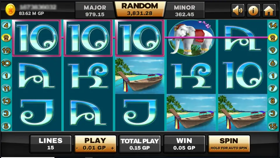 Three Thai-script 10 symbols framed on reels 1 to 3 of the top row with a white elephant next to them, longtail boats and J and A letters below, WIN 0.05 GP