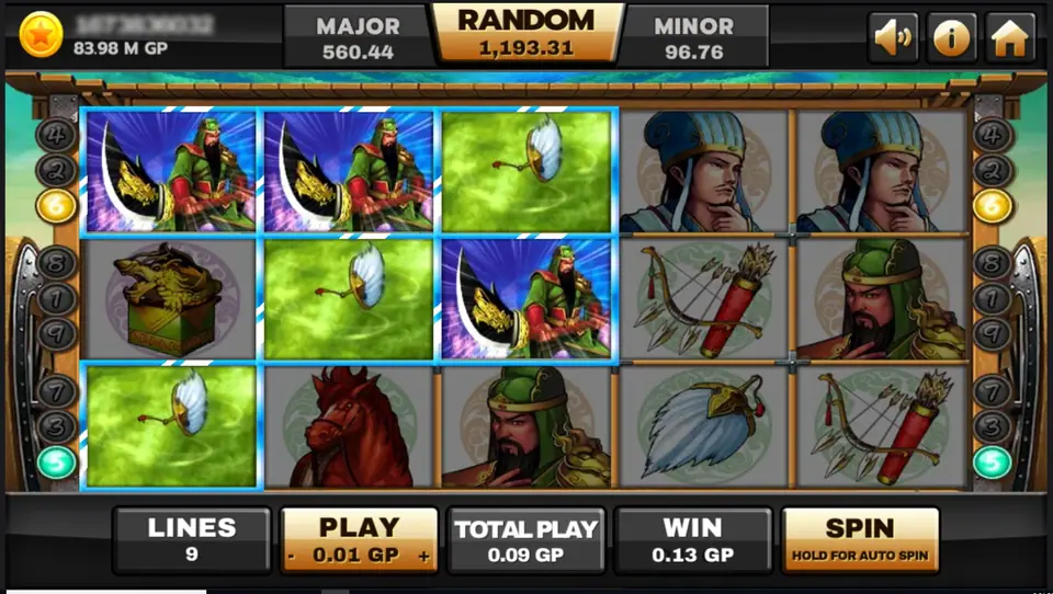 The general in green swinging a glaive in animated tiles on reels 1, 2 and 3, animated feather fans on a green background beside him, and WIN 0.13 GP