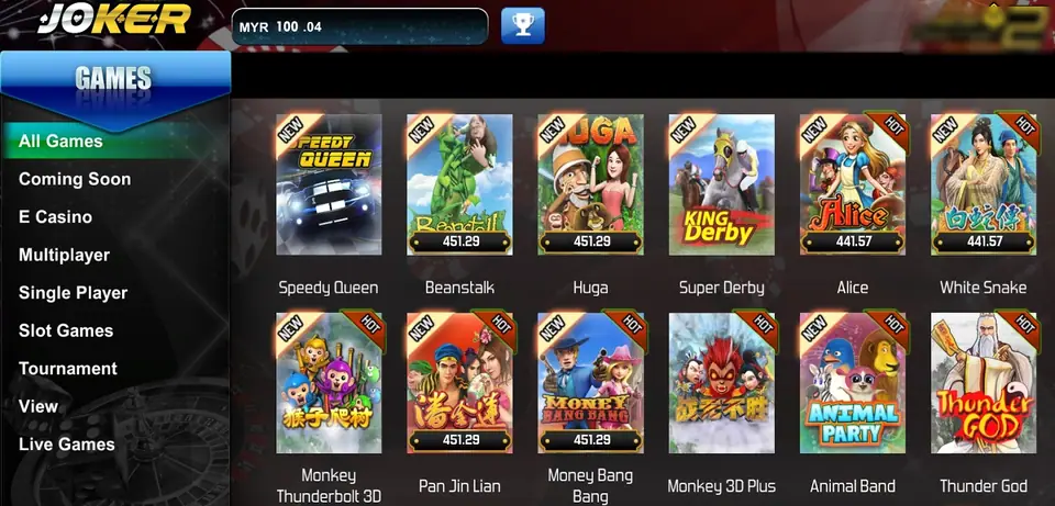 Joker123 lobby after login: the JOKER logo, a MYR 100.04 balance and a trophy button, a GAMES menu with All Games, Coming Soon, E Casino, Multiplayer, Single Player, Slot Games, Tournament, View and Live Games, and tiles for Speedy Queen, Beanstalk, Huga, Money Bang Bang, Thunder God and more