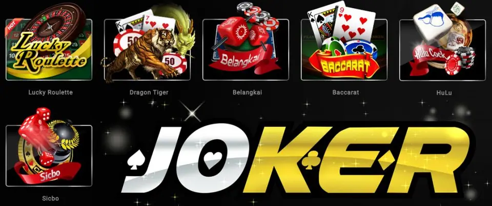 Joker123 artwork with a large silver and gold JOKER logo and six table-game tiles: Lucky Roulette, Dragon Tiger with a tiger and a dragon, Belangkai with red dice, Baccarat, HuLu with a crab-and-gourd die, and Sicbo
