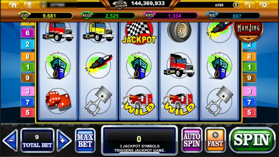 Highway Kings on Live22: red, yellow and green trucks, fuel pumps and a spark plug on the reels, a chequered JACKPOT flag on reel 3, two red-truck WILDs, GRAND 9,681 on the jackpot bar and TOTAL BET 9