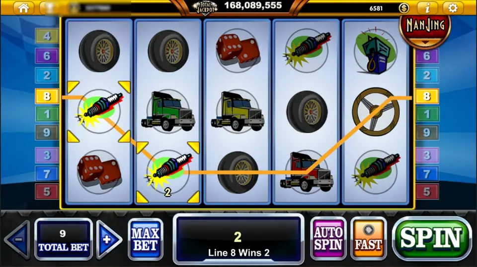 Highway Kings with spark plugs on reels 1 and 2 joined by a win line, trucks and tyres around them, and Line 8 Wins 2 in the message box