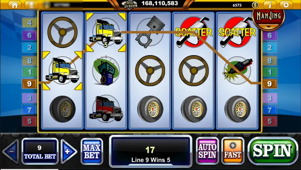 Highway Kings with two yellow trucks linked by a win line, two exhaust-pipe SCATTER symbols on reels 4 and 5, WIN 17 and the message Line 9 Wins 5