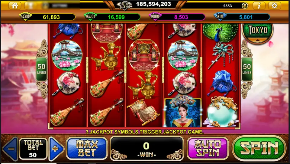 Imperial Chaise on Live22: red reels with a lotus-pond bridge, painted fans, pipa lutes, a gold wine ewer, an empress in a jewelled headdress and a pearl orb, with 50 LINES on both sides and GRAND 61,893 on the jackpot bar