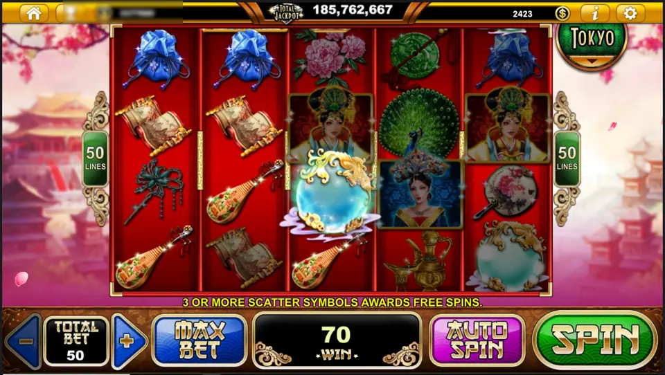 Imperial Chaise with the empress on reels 3 and 4, a pearl orb in a burst of light on reel 3, the message 3 OR MORE SCATTER SYMBOLS AWARDS FREE SPINS and a win of 70