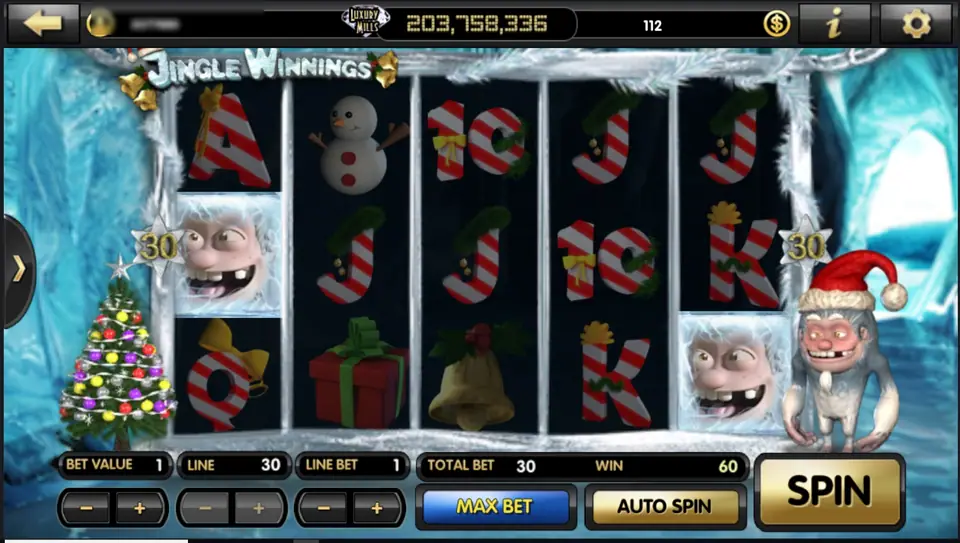 Jingle Winnings with the yeti's face in frosted frames on reels 1 and 5, candy-cane letters, a gift box and a gold bell, and a win of 60 at a total bet of 30