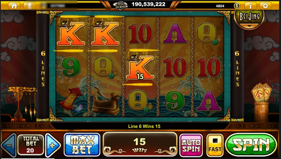 Justice Bao with three orange K symbols highlighted, a 15 payout on reel 3, TOTAL BET 20 and the message Line 6 Wins 15