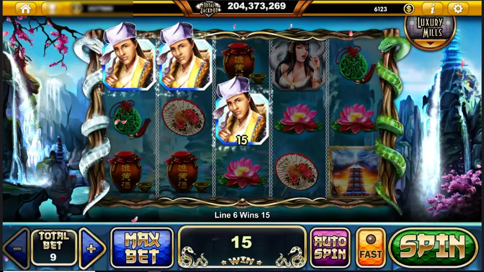 Legend of the White Snake on Live22: three scholar symbols in purple hats on reels 1 to 3 paying 15 on line 6, a woman in white, wine jars, paper umbrellas, lotus flowers and a pagoda, framed by a white snake and a green snake coiled on wooden posts