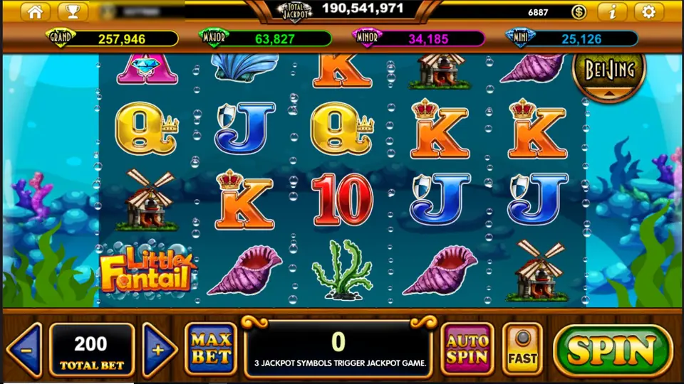 Little Fantail on Live22: 5x4 reels over an aquarium background with Q, J, K and 10 letters, a windmill tank ornament, pink conch shells, seaweed and the Little Fantail logo, GRAND 257,946 on the jackpot bar and TOTAL BET 200