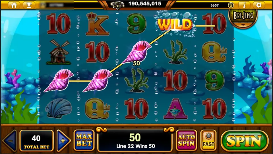 Little Fantail with three conch shells climbing diagonally across reels 1 to 3 and a bubbly WILD on reel 4 finishing line 22, WIN 50 and the message Line 22 Wins 50
