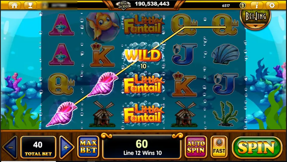 Little Fantail with two conch shells on reels 1 and 2 and a bubbly WILD on reel 3 joined by a line, the logo stacked on reel 3, Line 12 Wins 10 and a total win of 60