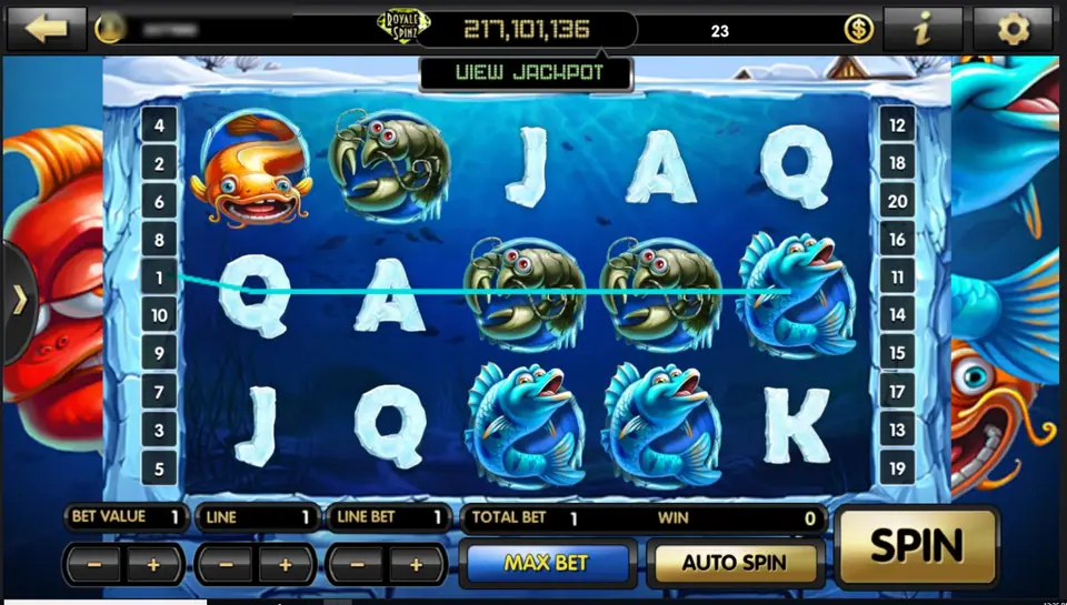 Lucky Angler on Live22: ice-block J, Q, A and K letters, a catfish, crayfish and blue fish under a frozen lake, a single win line across the middle, numbered line tabs up to 20 and TOTAL BET 1