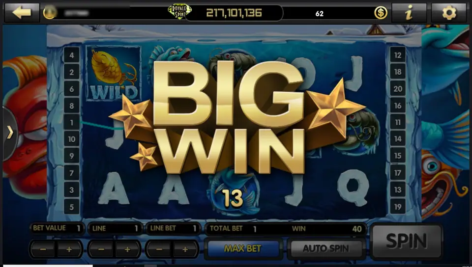 Lucky Angler with a BIG WIN 13 banner over the reels, a golden fishing lure marked WILD on reel 1 and a WIN box reading 40