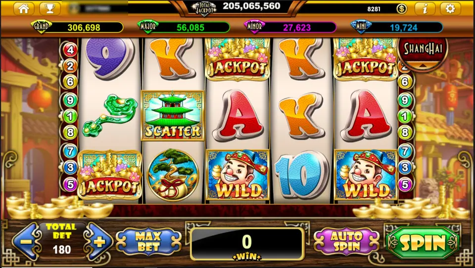 Lucky Fortune on Live22: a smiling fortune boy marked WILD on reels 3 and 5, a green pagoda SCATTER, gold JACKPOT symbols, a jade ruyi charm and a bonsai money bag, GRAND 306,698 on the jackpot bar and TOTAL BET 180