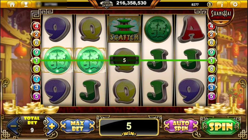 Lucky Fortune with two green fa coins on reels 1 and 2 paying 5 on the middle line, a pagoda SCATTER and big purple 9s, at a total bet of 9