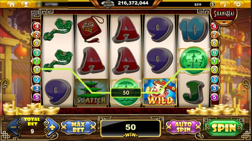 Lucky Fortune with a line 8 win of 50 zig-zagging from a jade ruyi on reel 1 through a fa coin and the fortune-boy WILD to another fa coin on reel 5, WIN 50