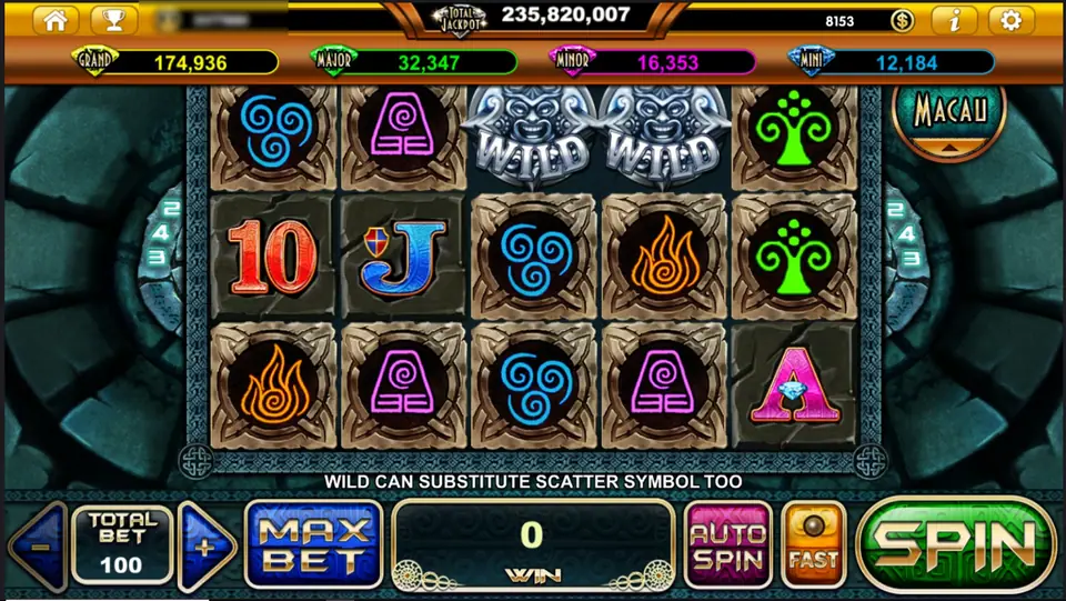 Mayan Element of Life on Live22: stone tiles with blue air swirls, purple earth glyphs, orange flames and a green tree, two silver stone-mask WILDs on reels 3 and 4, 243 on both sides and the message WILD CAN SUBSTITUTE SCATTER SYMBOL TOO