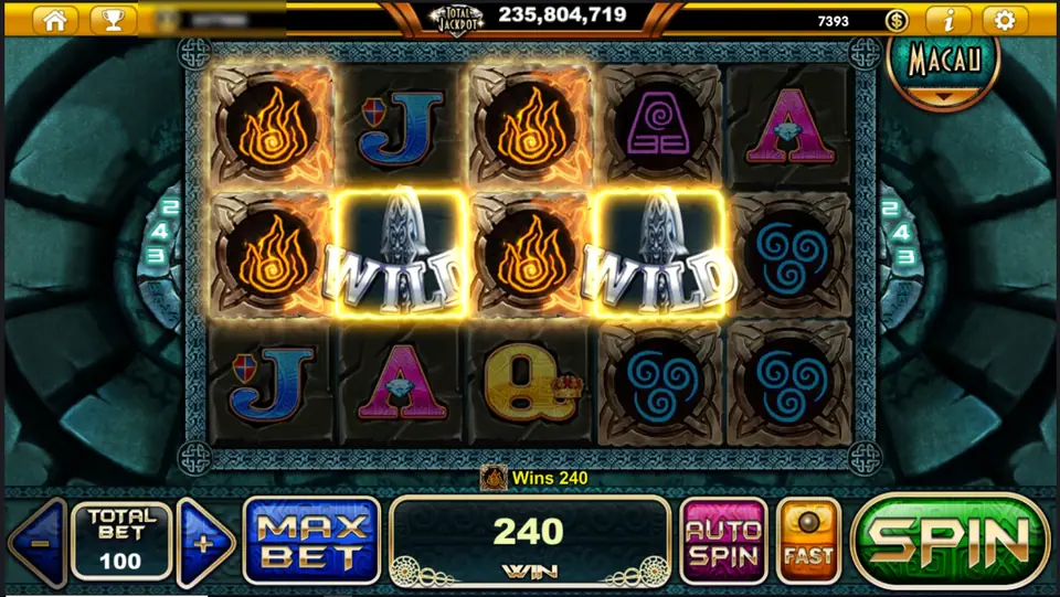 Mayan Element of Life with flames on reels 1 and 3 and stone-mask WILDs on reels 2 and 4, all highlighted, Wins 240 with a flame icon and WIN 240 at a total bet of 100