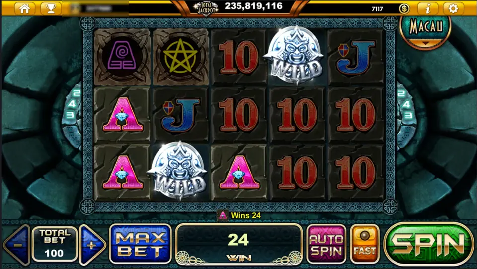 Mayan Element of Life with stone-mask WILDs on reels 2 and 4, pink As and red 10s, and Wins 24 in the message bar