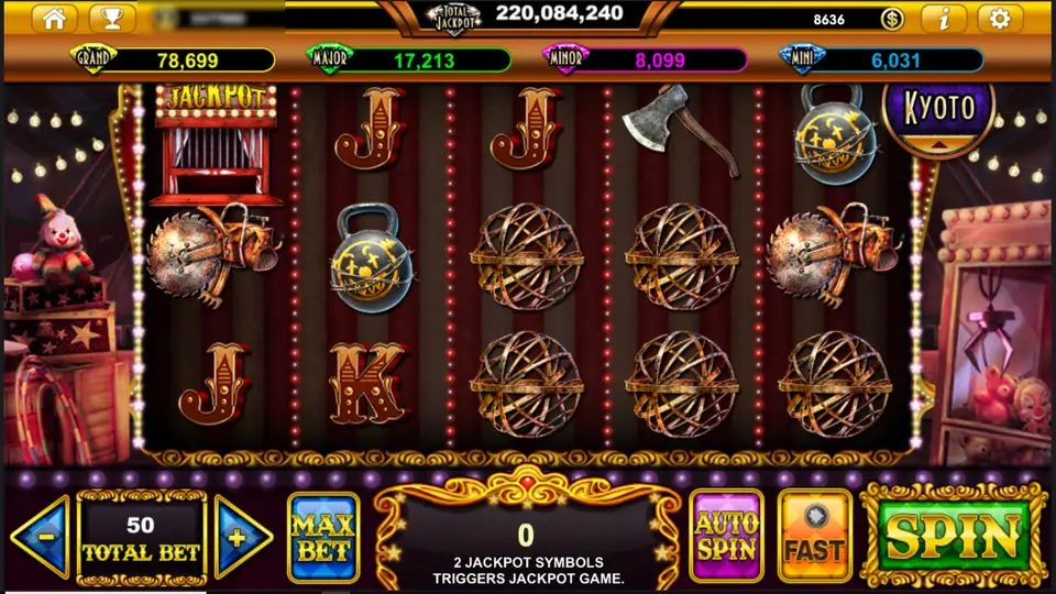 Midnight Carnival on Live22: a JACKPOT circus cage on reel 1, a circular saw, a kettlebell with a stitched smile, an axe and rusty armillary spheres, a toy clown and a claw machine at the sides, GRAND 78,699 and the message 2 JACKPOT SYMBOLS TRIGGERS JACKPOT GAME