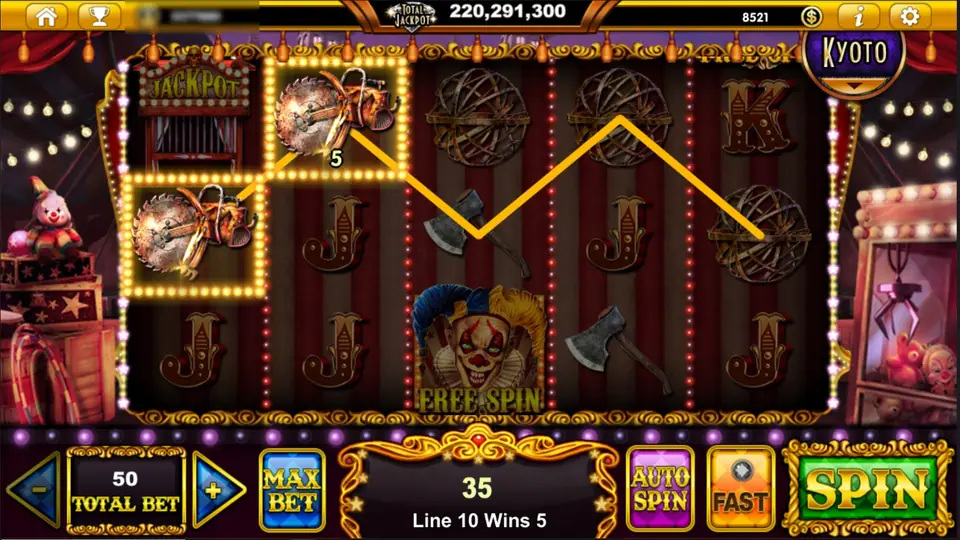 Midnight Carnival with two circular-saw symbols on reels 1 and 2 paying 5 on line 10, a FREE SPIN clown on reel 3, axes and spheres, and a total win of 35