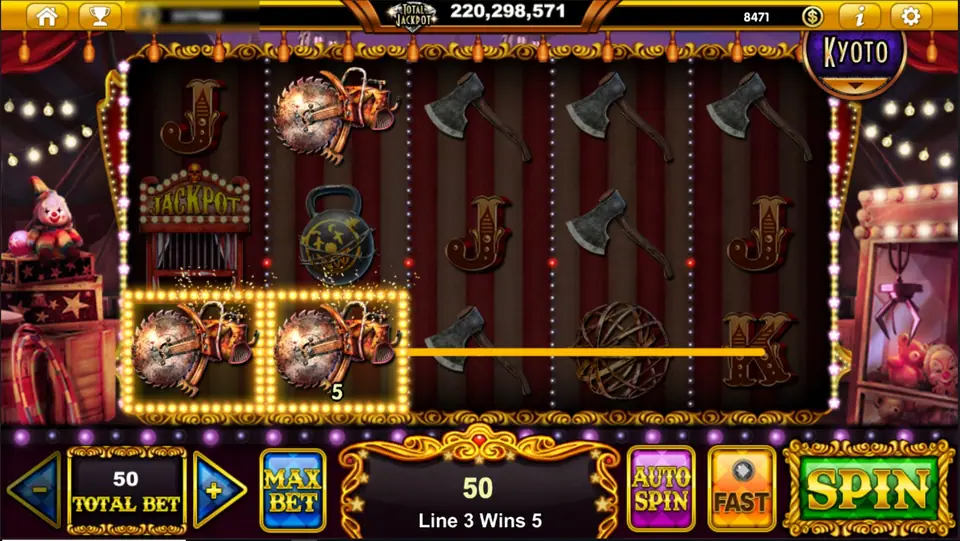Midnight Carnival with two saws highlighted on the bottom row of reels 1 and 2, a win line running across to reel 5, Line 3 Wins 5 and WIN 50