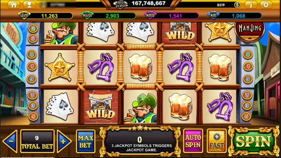 Money Bang Bang on Live22: a bandit in a green hat, gold sheriff stars, purple handcuffs, frothy beer mugs, fanned poker hands and two crossed-pistol WILD posters on wooden reels, with GRAND 11,263 on the jackpot bar and TOTAL BET 9