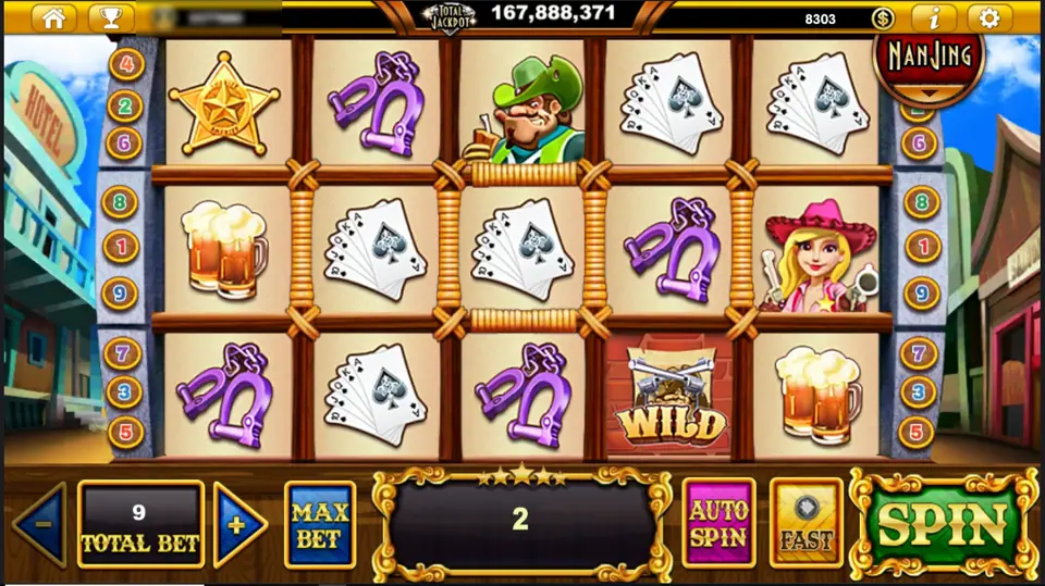 Money Bang Bang with a sheriff star, purple handcuffs, poker hands and beer mugs, the bandit on reel 3, the cowgirl on reel 5 and a WILD poster on reel 4, TOTAL BET 9 and a win of 2