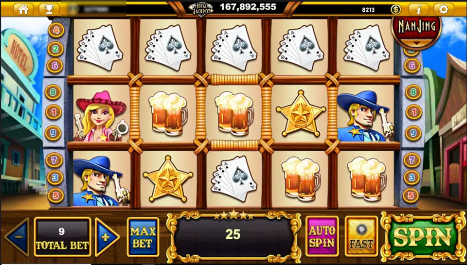 Money Bang Bang with a poker hand of aces on all five reels of the top row, the cowgirl, two sheriffs, beer mugs and stars below, and a win of 25