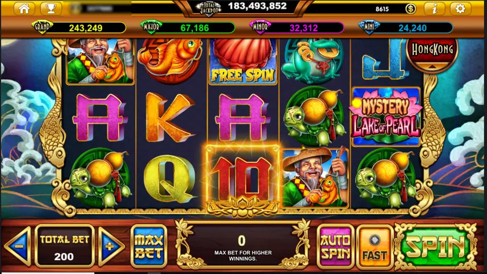 Mystery Lake of Pearl on Live22: an old fisherman holding a golden carp, a gold fish, a red pearl shell marked FREE SPIN, a jade money frog, turtles carrying gourds and the game logo on reel 5, GRAND 243,249 and TOTAL BET 200