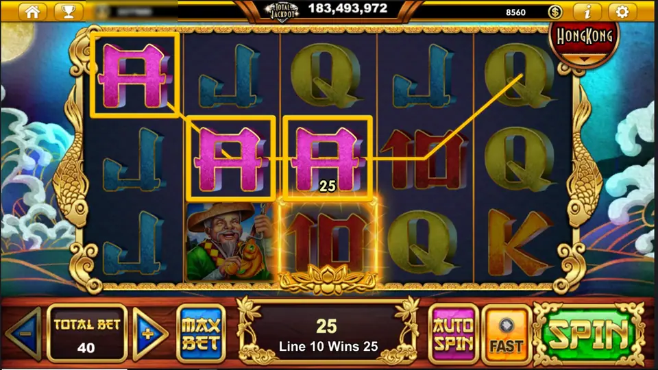 Mystery Lake of Pearl with three pink As linked across reels 1 to 3, the fisherman on reel 2, Line 10 Wins 25 and a total bet of 40