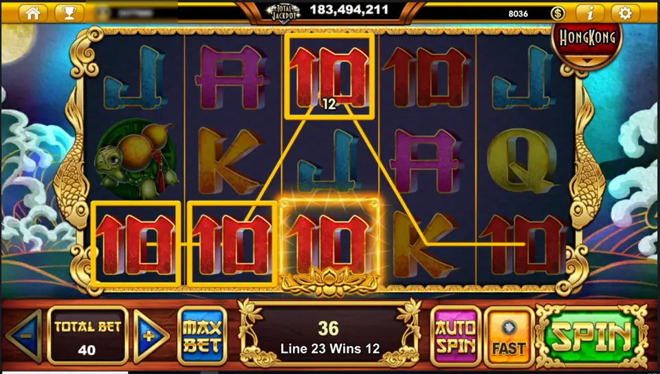 Mystery Lake of Pearl with red 10s highlighted on reels 1 to 3, line 23 climbing to a 10 at the top of reel 3 for 12, a turtle on reel 1 and a total win of 36