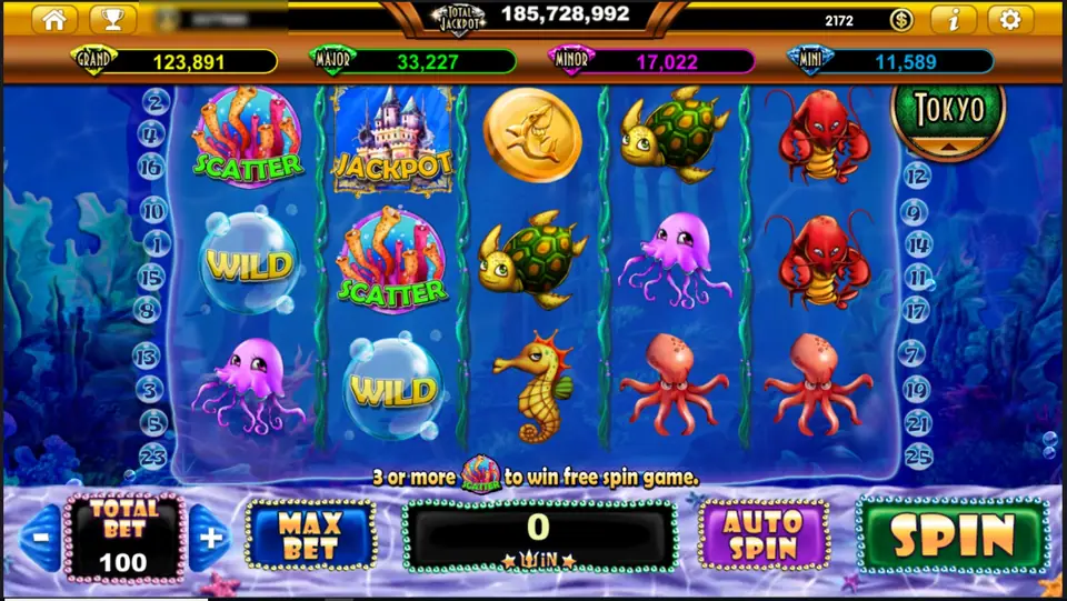 Ocean Trouble on Live22: a coral SCATTER on reels 1 and 2, a sunken castle marked JACKPOT, two bubble WILDs, a gold shark coin, turtles, jellyfish, a seahorse, octopuses and red lobsters, with line numbers to 25 and TOTAL BET 100