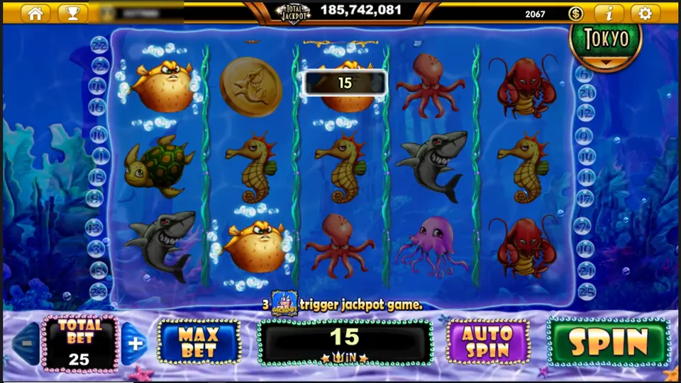 Ocean Trouble with pufferfish on reels 1 to 3 paying 15, a seahorse, sharks, octopuses and lobsters, and the message 3 castles trigger jackpot game