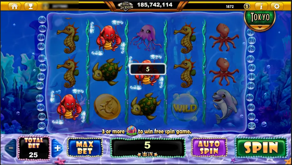 Ocean Trouble with seahorses, red lobsters, turtles, a gold shark coin and a dolphin, one bubble WILD on reel 4, the free-spin message and a win of 5 at a total bet of 25