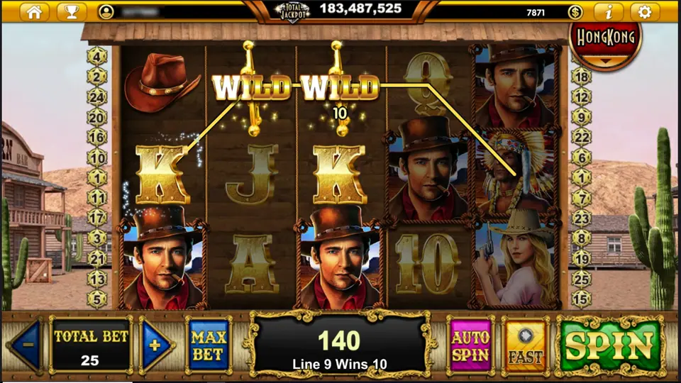 Two gold WILD signs on reels 2 and 3 of the top row joining a line with the chief on reel 5, cowboys on reels 1, 3 and 4, TOTAL BET 25 and a win of 140 with Line 9 Wins 10