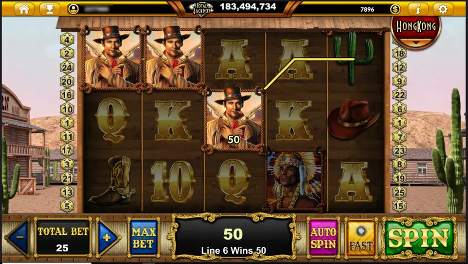 Three two-pistol drifters on reels 1, 2 and 3, a boot, a cactus, the chief and card letters around them, win box 50 with Line 6 Wins 50 at TOTAL BET 25