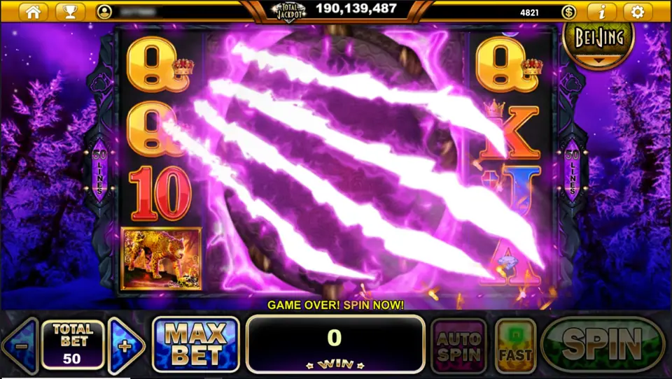 Purple claw marks slashing across the Panthera Pardus reels with GAME OVER and SPIN NOW in the message line, a leopard and a gold Q still visible on reel 1, TOTAL BET 50