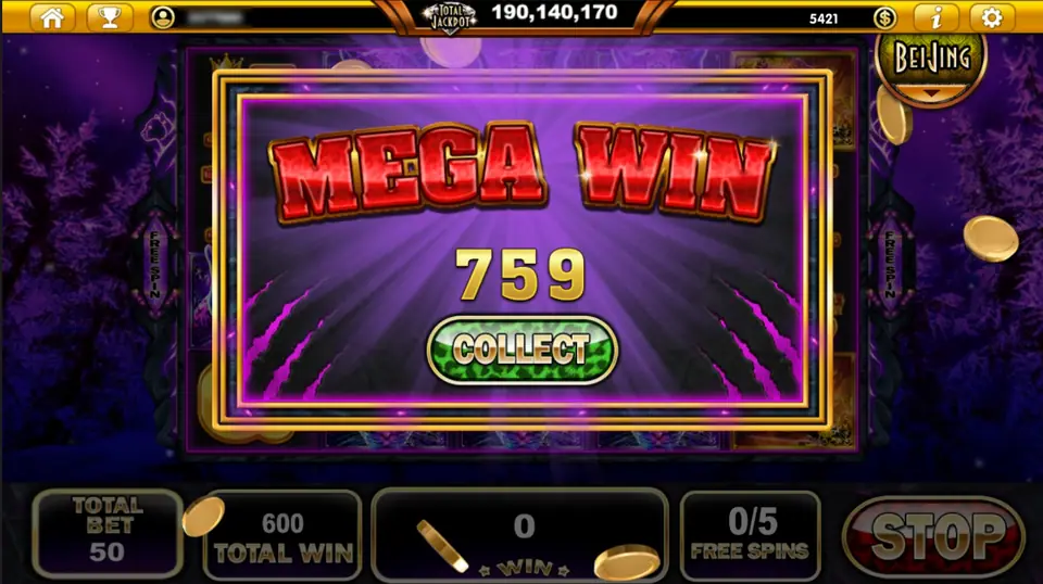 MEGA WIN banner showing 759 with a green COLLECT button, TOTAL WIN 600 and FREE SPINS 0/5 in the bar below