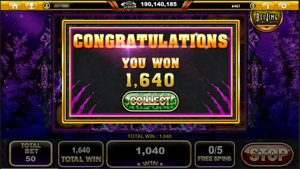 CONGRATULATIONS YOU WON 1,640 end screen with a COLLECT button, TOTAL WIN 1,640, a last-spin win of 1,040 and FREE SPINS 0/5