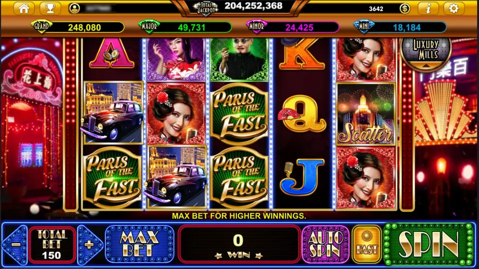 Paris of the East on Live22: a smiling singer with a red flower and a microphone, a woman in a purple qipao, a bald man in a green suit, black vintage cars, green PARIS OF THE EAST logo tiles and a Scatter tower, with neon signs either side and TOTAL BET 150