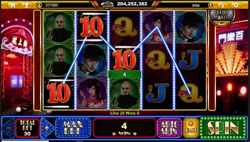 Three red 10 symbols joined by a blue line across all five reels, the bald man in green and the fedora gangster around them, win 4 with Line 25 Wins 4 at TOTAL BET 30