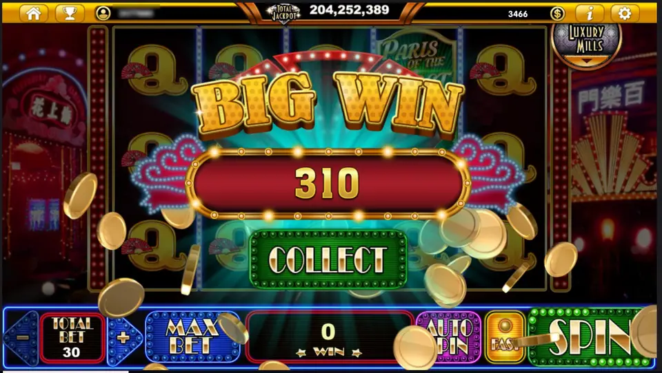 BIG WIN banner showing 310 with a green COLLECT button and gold coins spilling over the bet bar, gold Q symbols behind