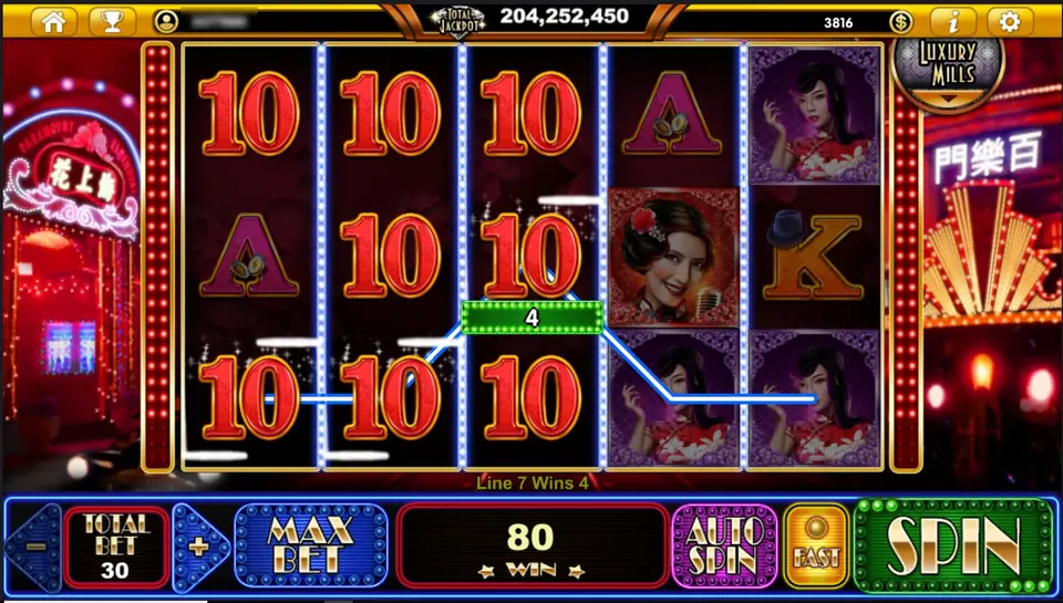 Red 10 symbols stacked on reels 1 to 3 with the singer and two women in qipaos on reels 4 and 5, win box 80 and Line 7 Wins 4