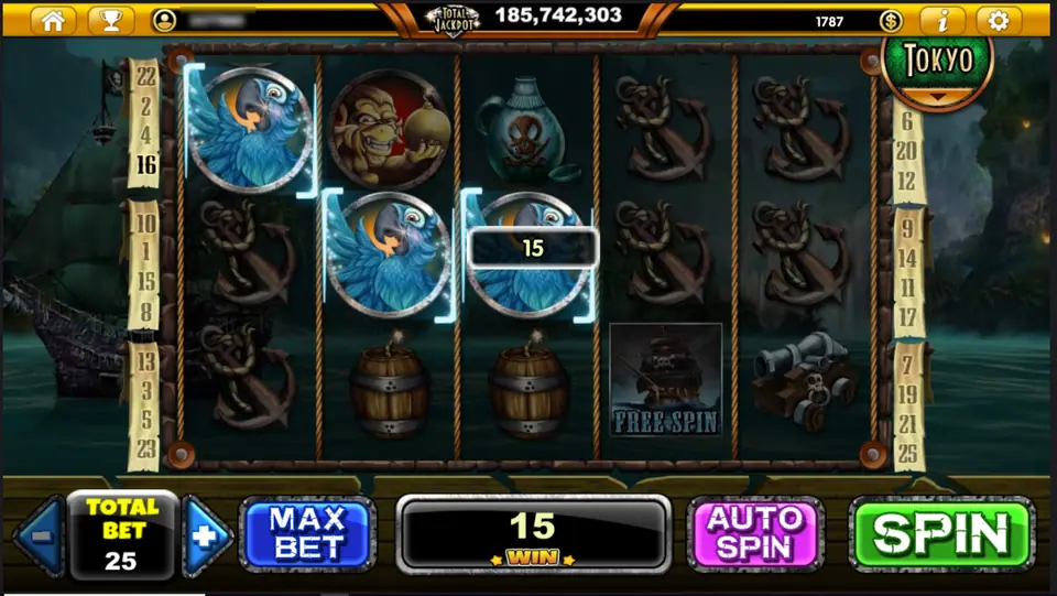 Three blue parrots on reels 1 to 3 lit up as a winning line with a win of 15, anchors on reels 4 and 5, a ghost ship FREE SPIN tile and a cannon, TOTAL BET 25