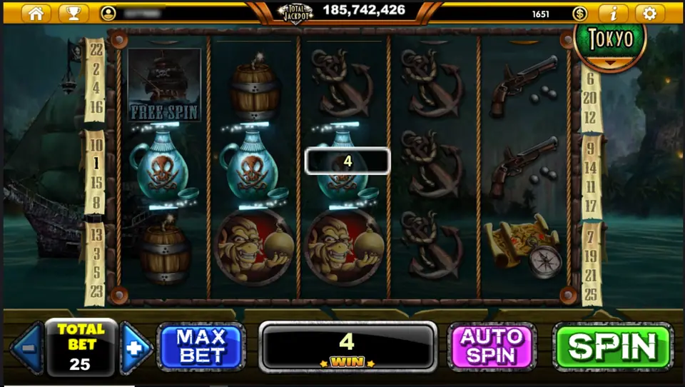 Poison bottles on reels 1 to 3 of the middle row paying 4, monkeys with bombs below, a FREE SPIN ship on reel 1 and flintlocks on reel 5